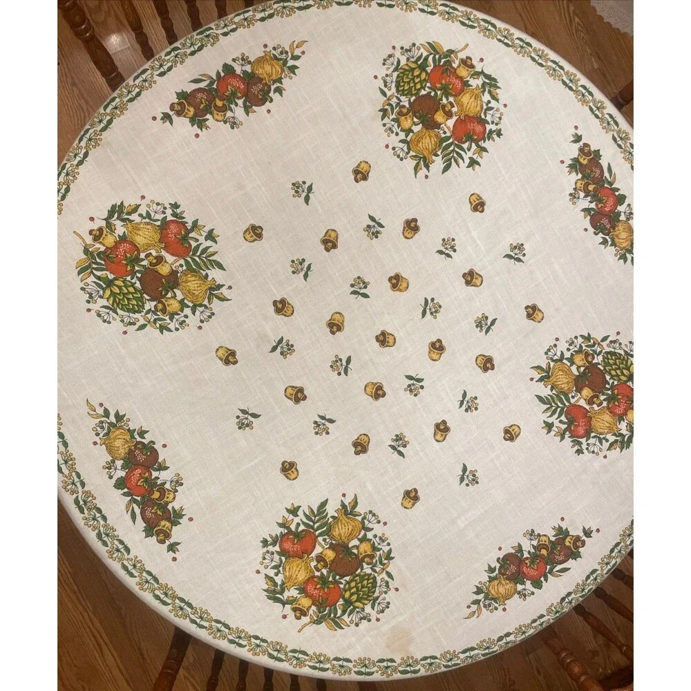 Vintage 1970’s Spice of Life Fringe Round Tablecloth Fits 48”-54” JCPenney READ